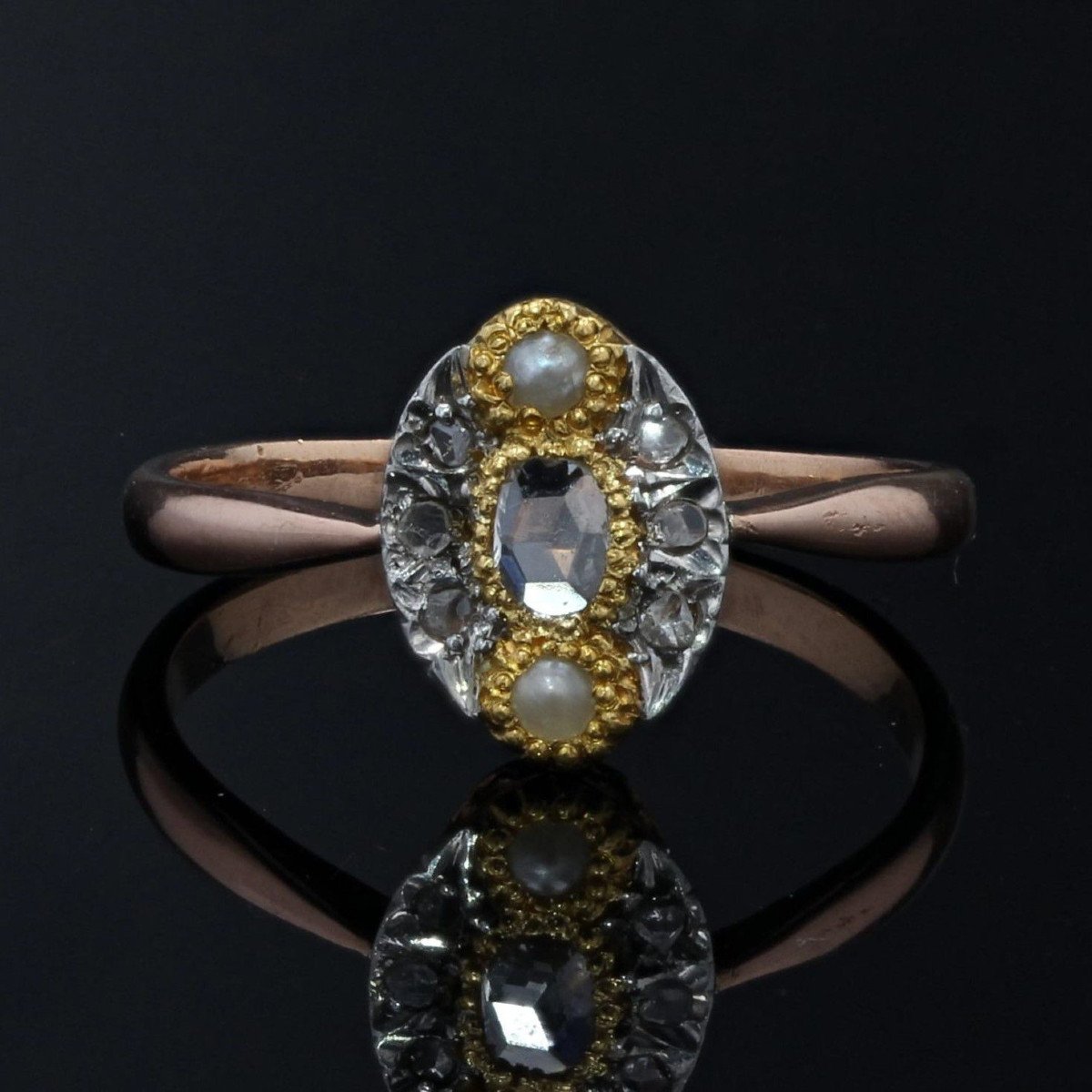 Bague Marquise Perles Fines Et Diamants Ancienne-photo-3