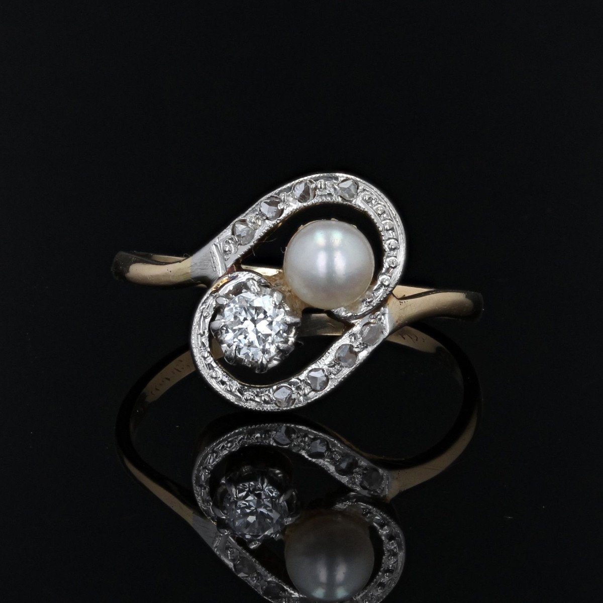 Bague Ancienne Tourbillon Et Duo Perle Fine Diamant-photo-3