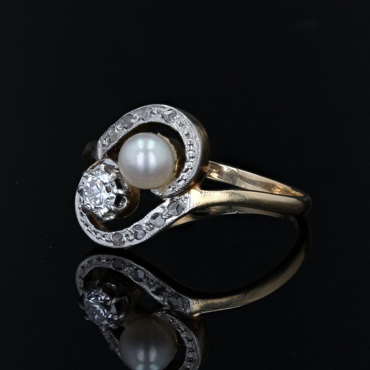 Old Tourbillon And Fine Diamond Pearl Duo Ring-photo-4