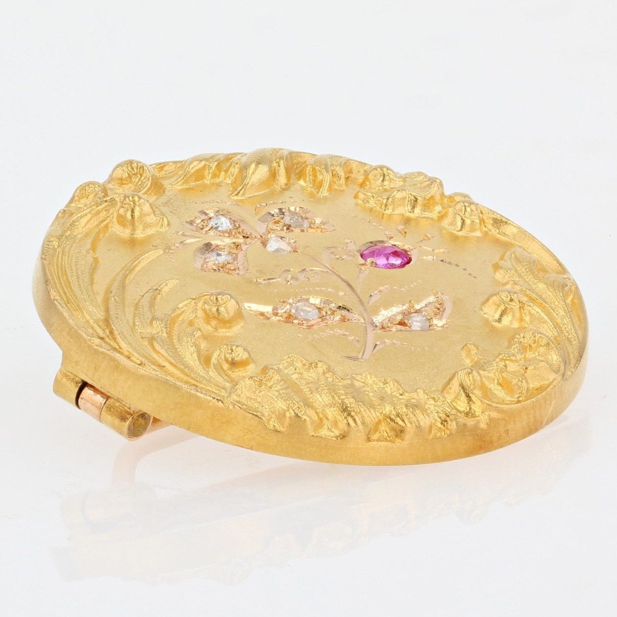 Yellow Gold Brooch With Ruby Diamond Floral Decor-photo-1