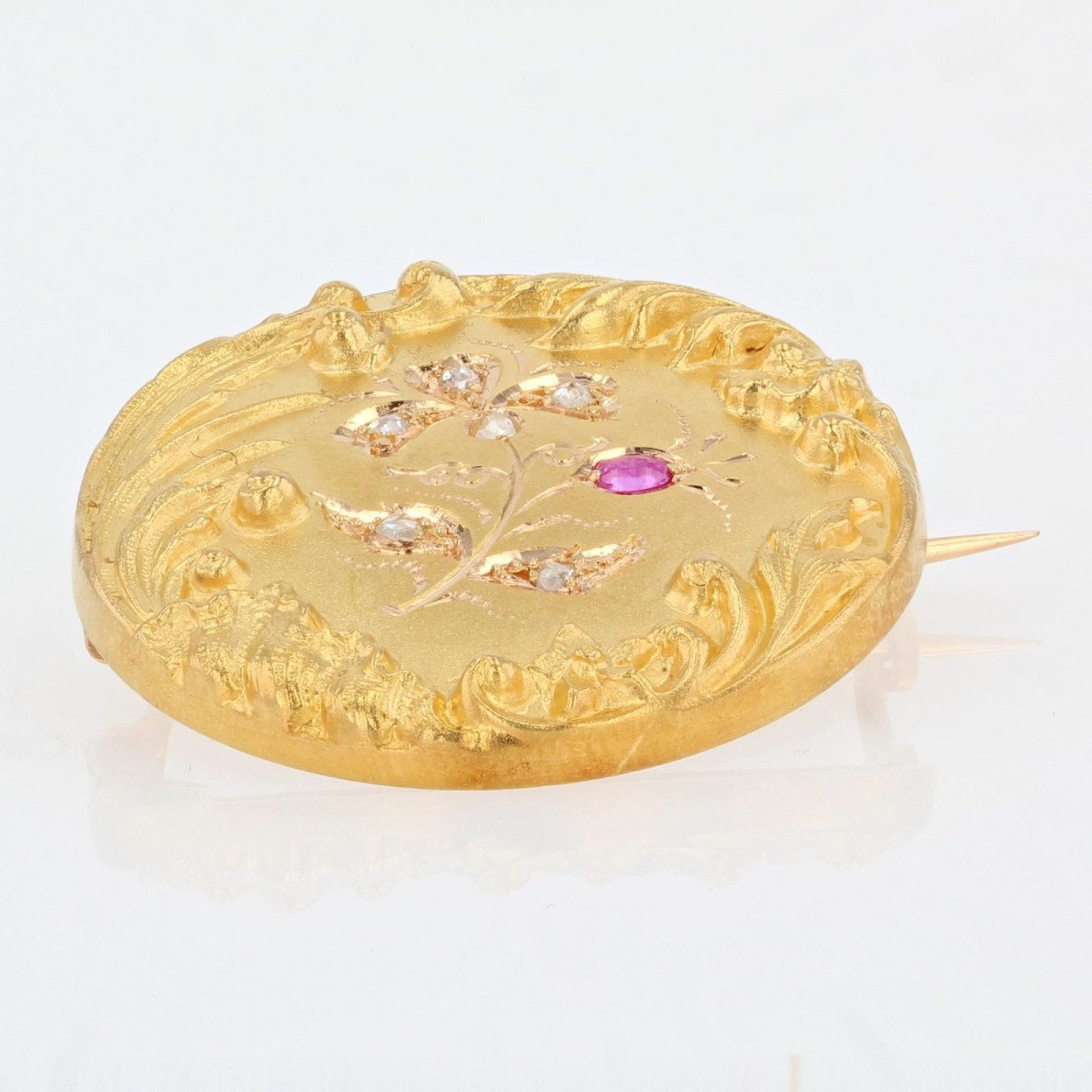 Yellow Gold Brooch With Ruby Diamond Floral Decor-photo-3