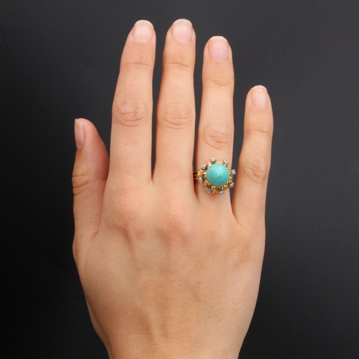 Bague Vintage Turquoise Pain De Sucre Et Diamants-photo-2