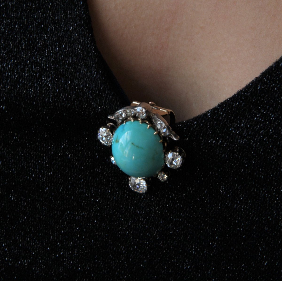 Broche Ancienne Clip Turquoise Et Diamants-photo-2