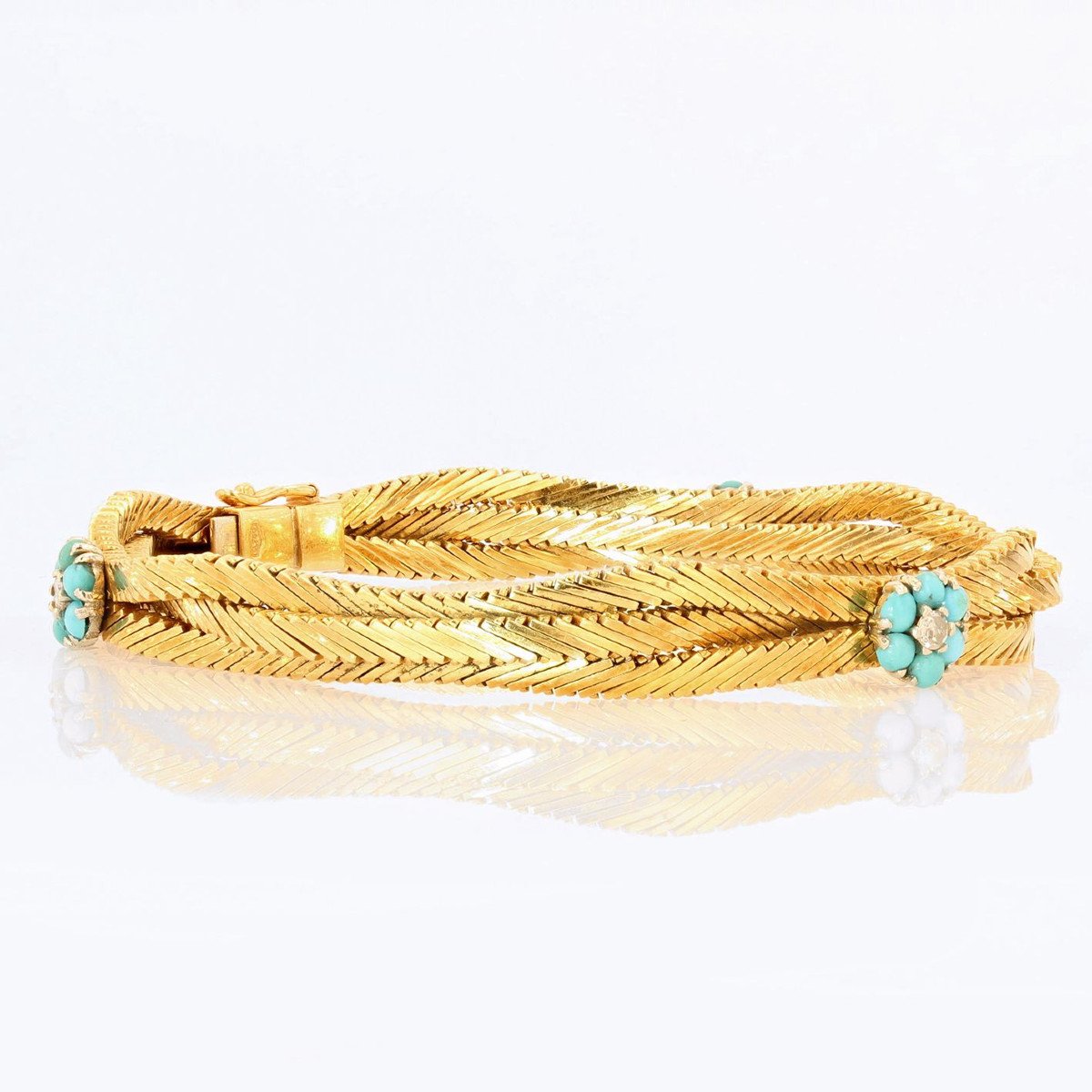 Bracelet Ancien Or Et Fleurs De Turquoises Et Diamants-photo-3