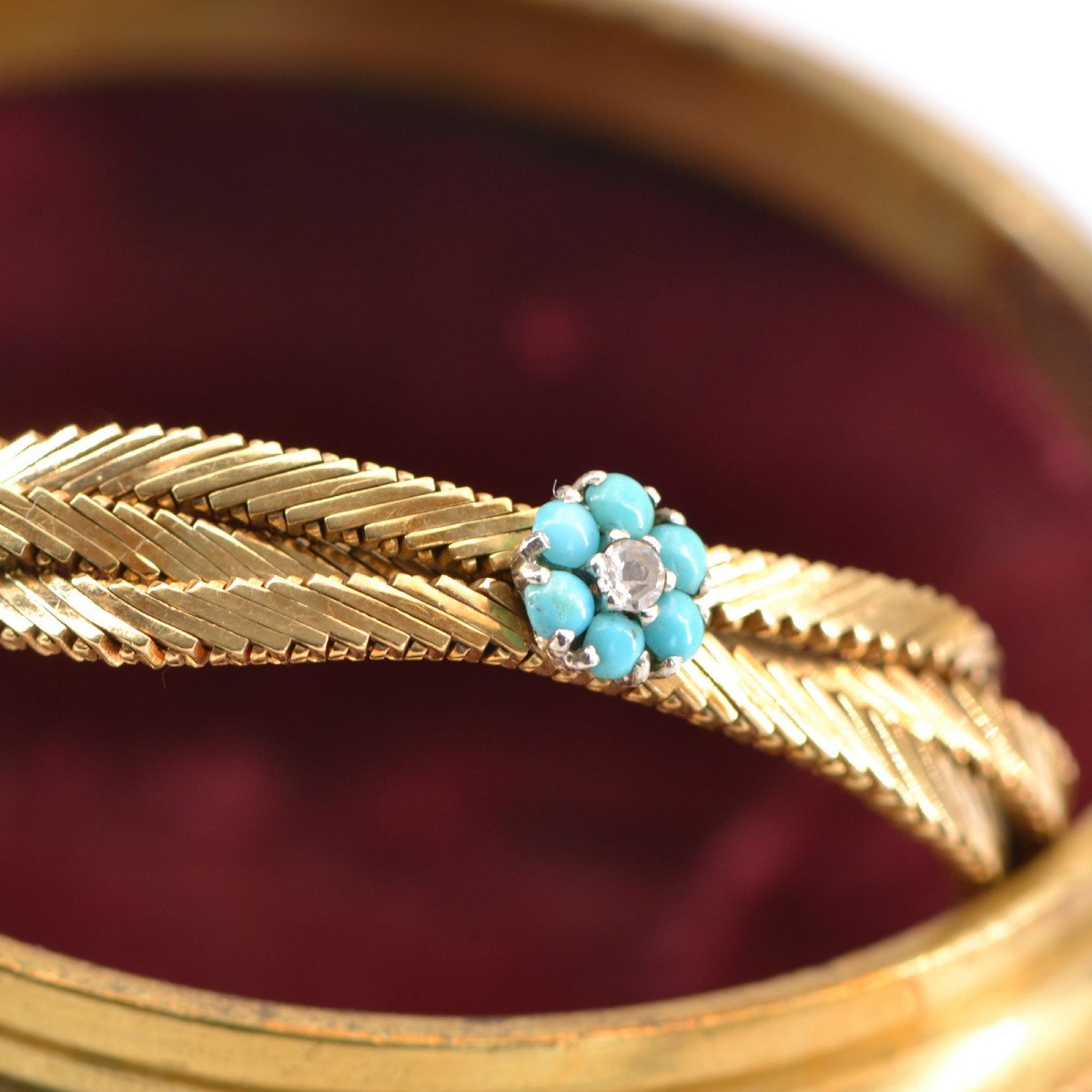 Bracelet Ancien Or Et Fleurs De Turquoises Et Diamants-photo-4