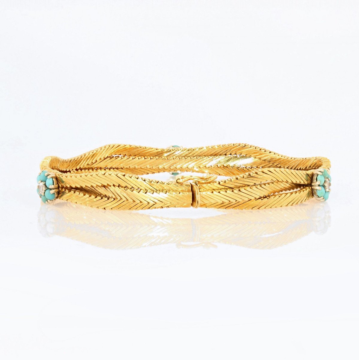 Bracelet Ancien Or Et Fleurs De Turquoises Et Diamants-photo-5