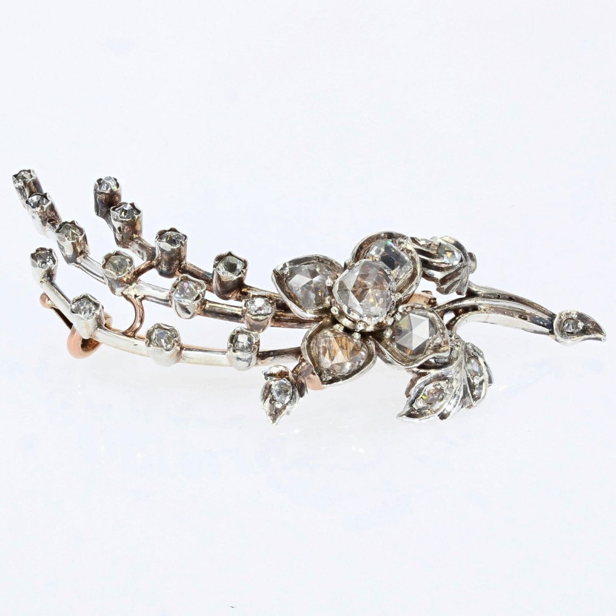 Broche Ancienne Diamants Branche Fleurie-photo-3