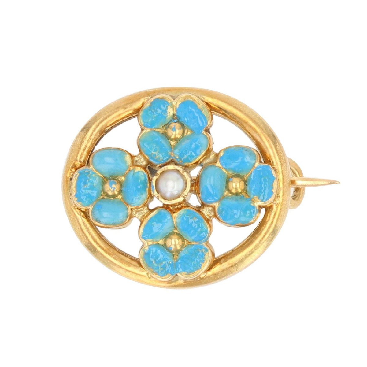 Turquoise Enamel Pearl And Flowers Brooch