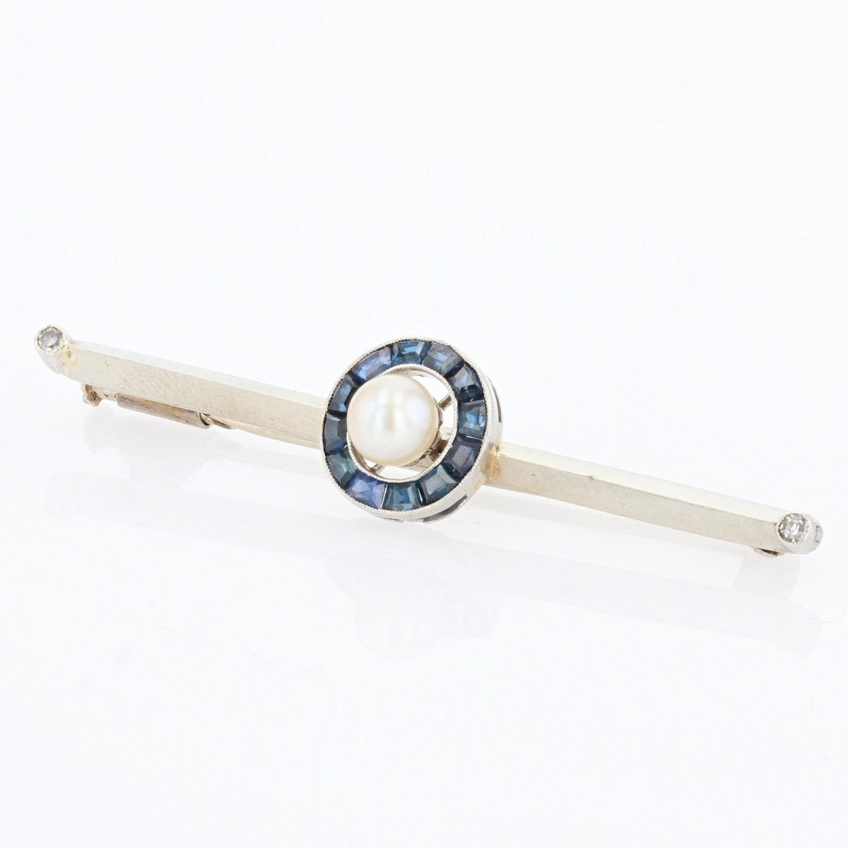 Barrette Brooch Pearl And Calibrated Sapphires-photo-3