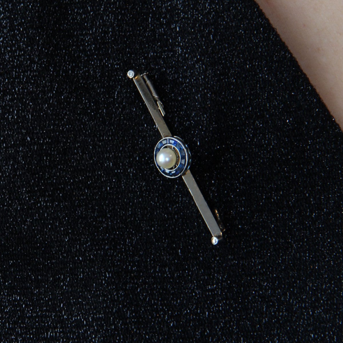 Barrette Brooch Pearl And Calibrated Sapphires-photo-1