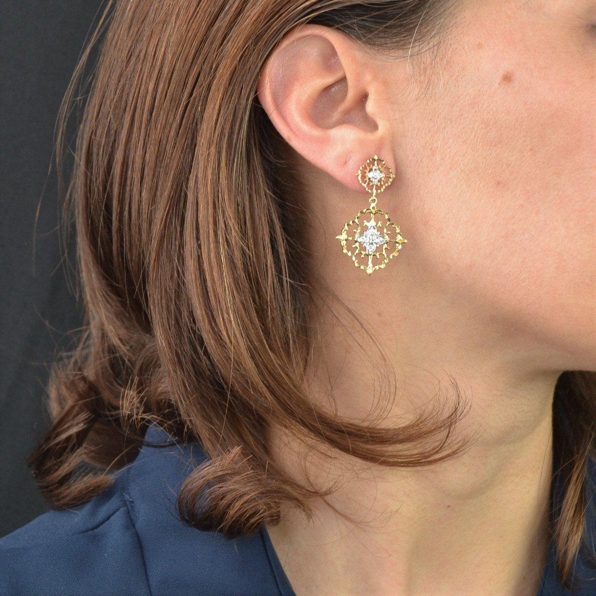 Arabesques Yellow And White Gold Diamond Drop Earrings-photo-2