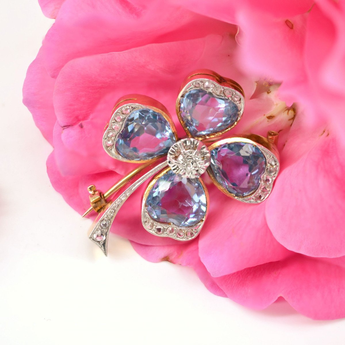 Old Brooch Clover Spinels And Diamonds-photo-3