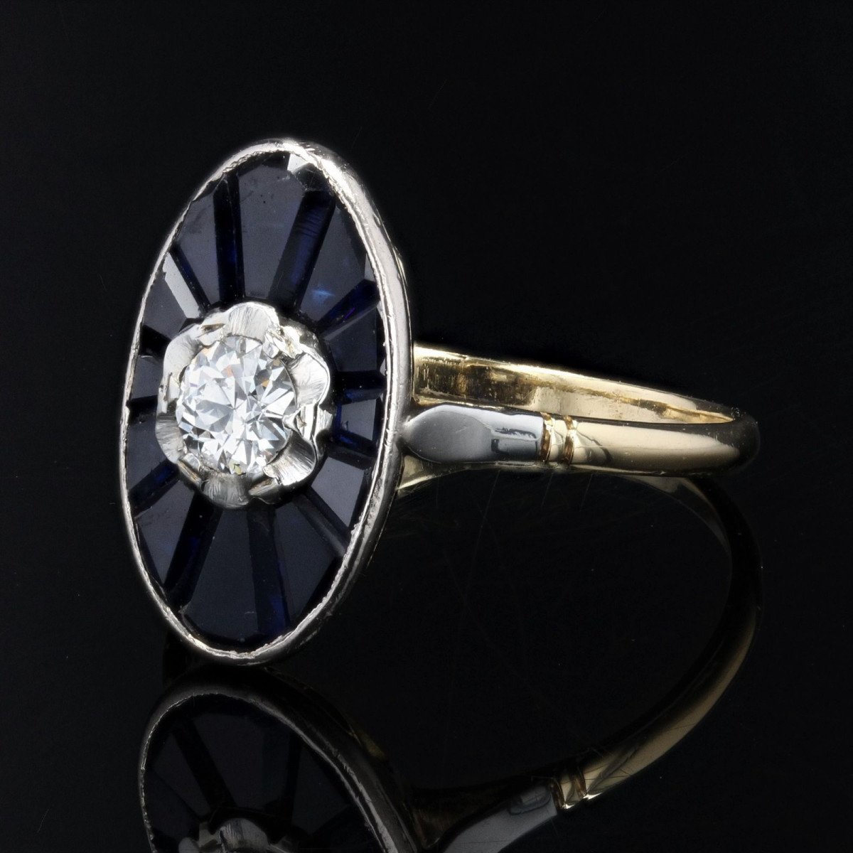 Art Deco Navette Diamond Sapphire Ring-photo-4