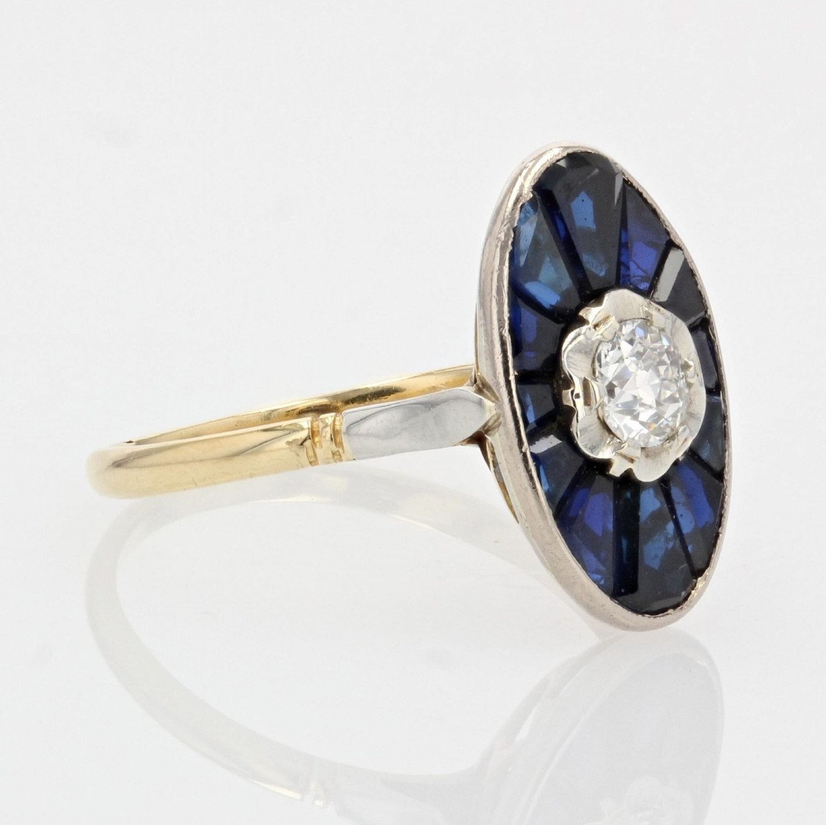 Art Deco Navette Diamond Sapphire Ring-photo-5