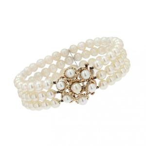 Bracelet Perles 3 Rangs Et Fermoir Fleur