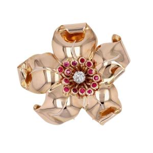 Vintage Ruby Diamond Flower Clip Brooch