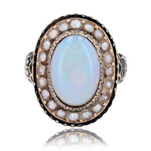 Old Opal Ring With Fine Enamel Beads