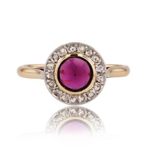 Antique Garnet And Round Diamond Ring