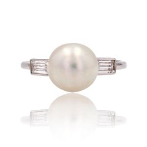 Art Deco Fine Pearl And Baguette Diamond Ring