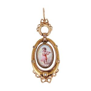 Old Miniature Pendant On Mother Of Pearl And Fine Pearls