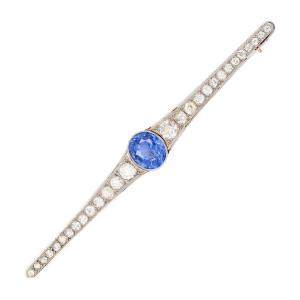 Antique Natural Ceylon Sapphire And Diamond Brooch