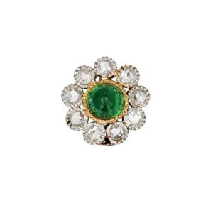 Antique Emerald Flower Cabochon And Diamond Pendant