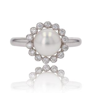 Akoya Cultured Pearl And Diamond Ring White Gold