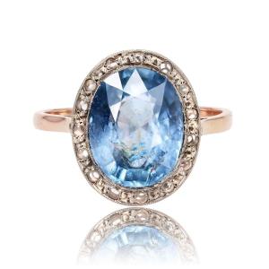 Old Oval Natural Sapphire And Rose Cut Diamonds Ring