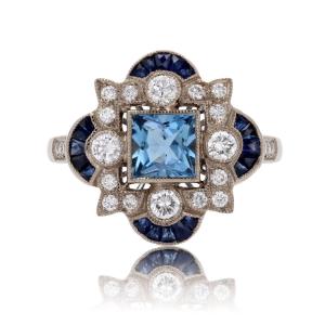 Art Deco Style Ring Aquamarine Diamonds Sapphires