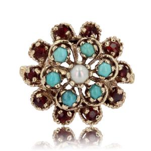 Yellow Gold Citrines Turquoises Pearls Flower Ring