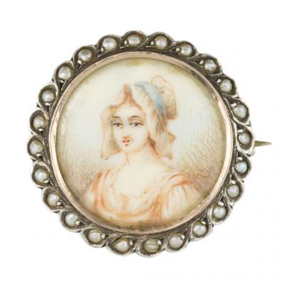 Broche Ancienne Miniature Et Perles Sur Argent