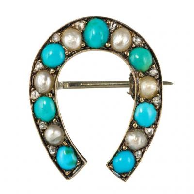 Brooch Horseshoe Turquoises Beads Fine Diamonds