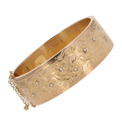Antique Rose Gold Bangle With Floral Decor And Fine Pearls