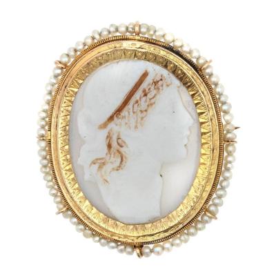 Old Cameo Brooch Surrounded By Fine Pearls