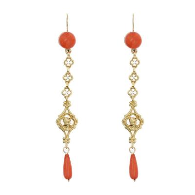 Antique Coral And Gold Drop Earrings