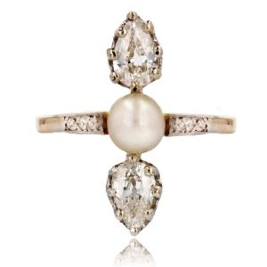 Old Fine Pearl And Pear Diamond Ring