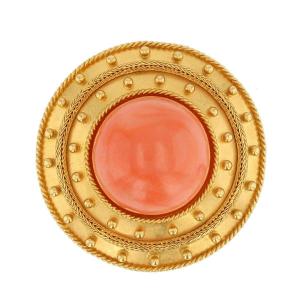 Antique Brooch In Matt Yellow Gold And Its Coral Pearl