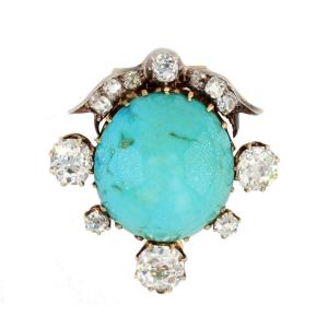 Old Turquoise And Diamond Clip Brooch