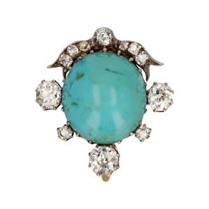 Old Turquoise And Diamond Clip Brooch