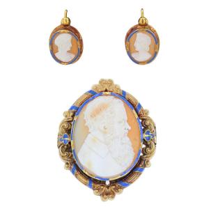Adornment Earrings And Antique Brooch Gold Cameo And Enamel