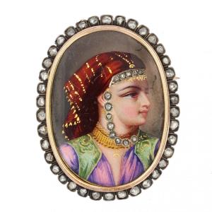 Dressed Enamel Brooch And Surrounded By Diamonds