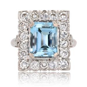 Rectangular Aquamarine And Diamond Ring