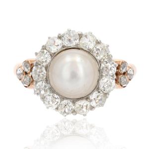 Antique Fine Diamond Pearl Ring In Daisy