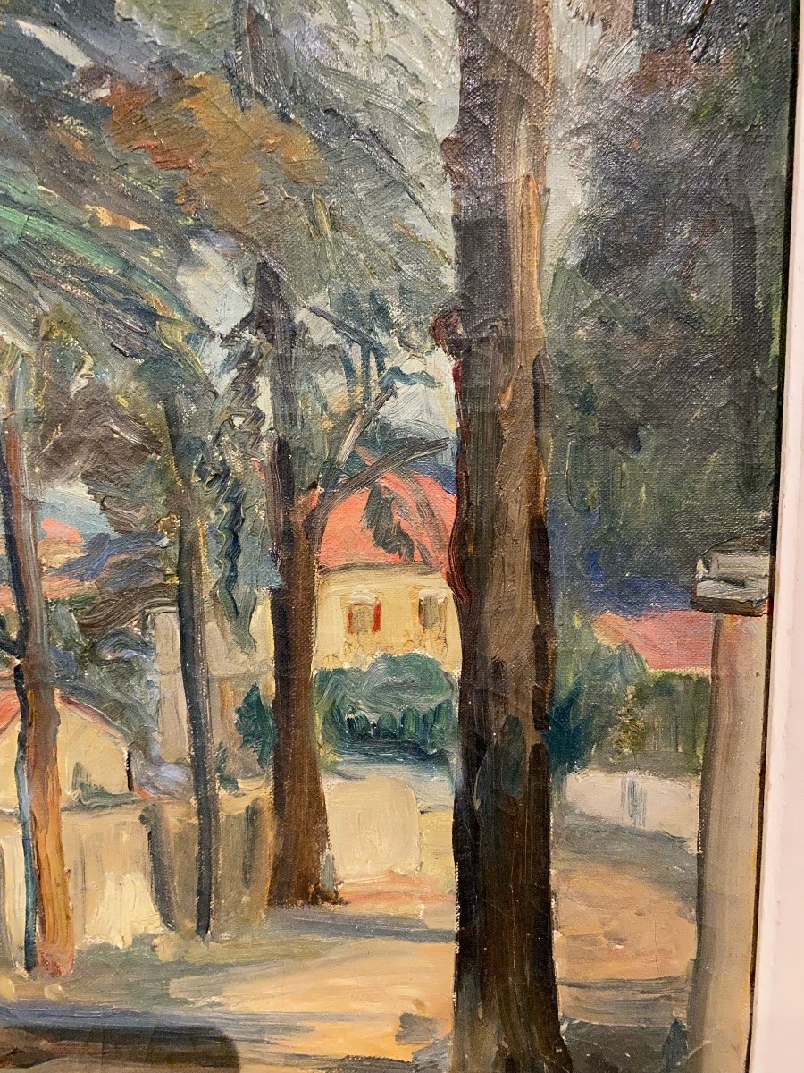 Tableau  d'Une  Allée   De Beaux    Arbres Menant à Un Domaine  Signé  -photo-7