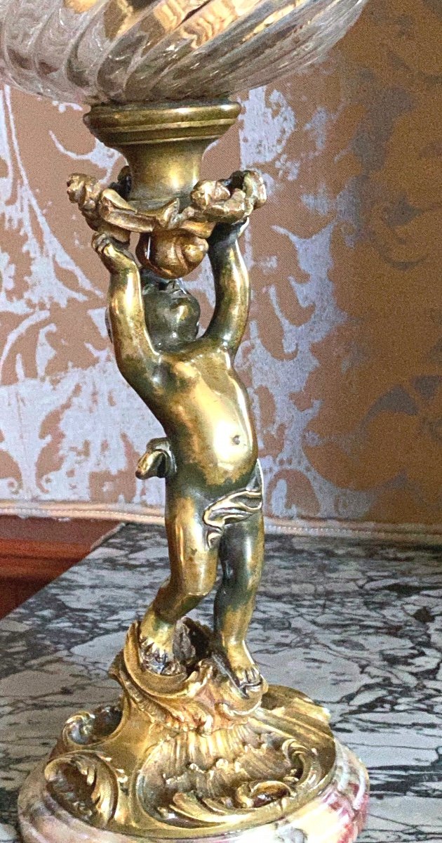 Putto In Bronze On Breche Des Pynenees Base Holding A Twisted Crystal Lamp Globe-photo-4