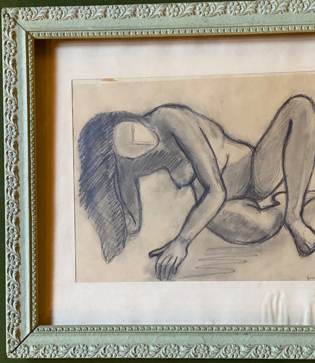 Original Nude Drawing In Charcoal Signed Borner 1950-photo-2