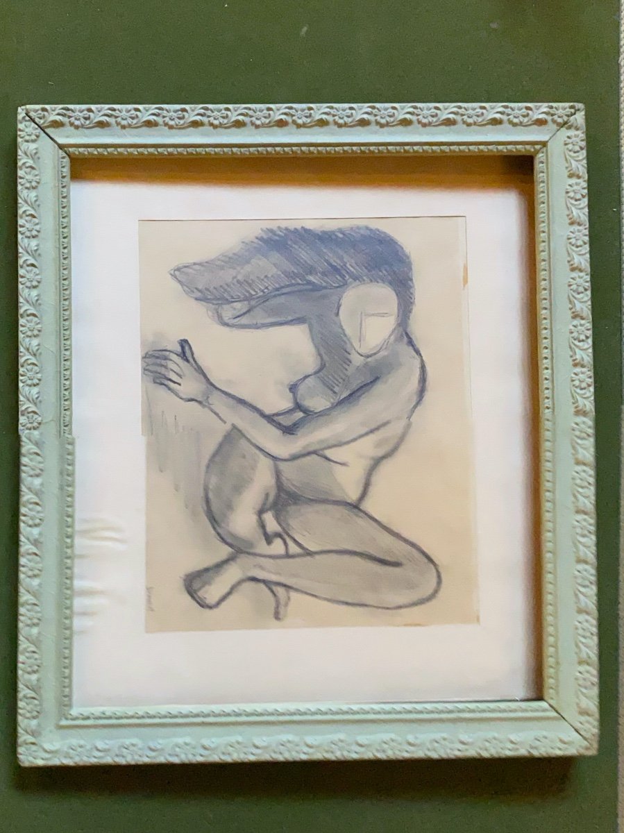 Original Nude Drawing In Charcoal Signed Borner 1950-photo-4