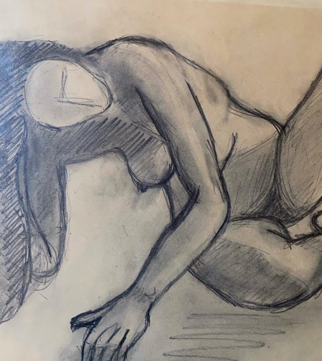 Original Nude Drawing In Charcoal Signed Borner 1950-photo-1