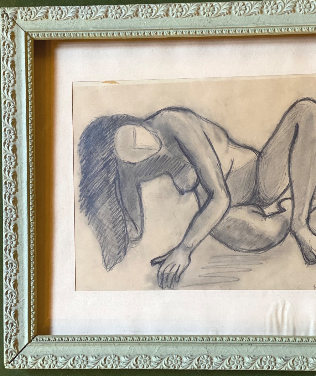 Original Nude Drawing In Charcoal Signed Borner 1950-photo-4