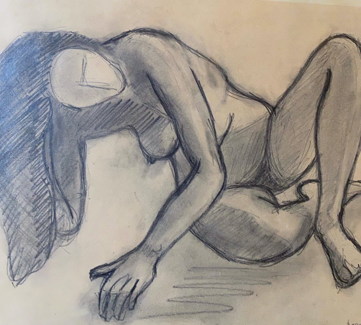 Original Nude Drawing In Charcoal Signed Borner 1950-photo-5